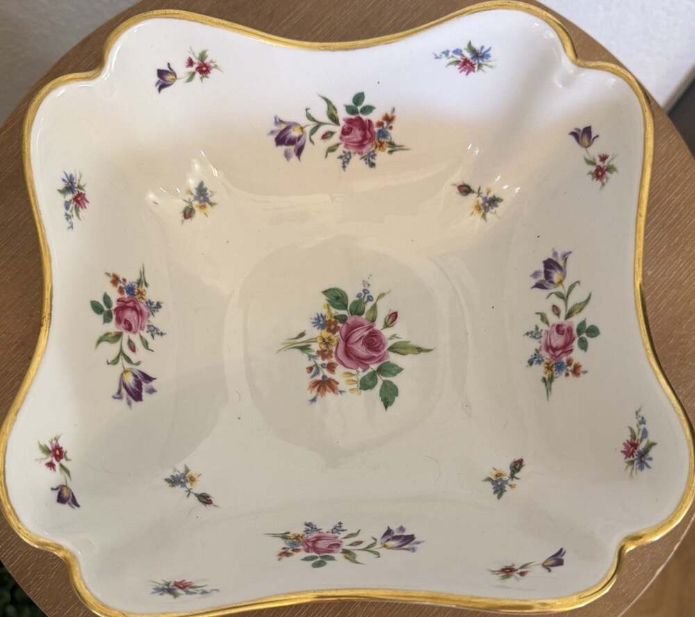 Vintage Oscar Schaller Bavaria Germany Porcelain Square Scalloped Serving Bowl